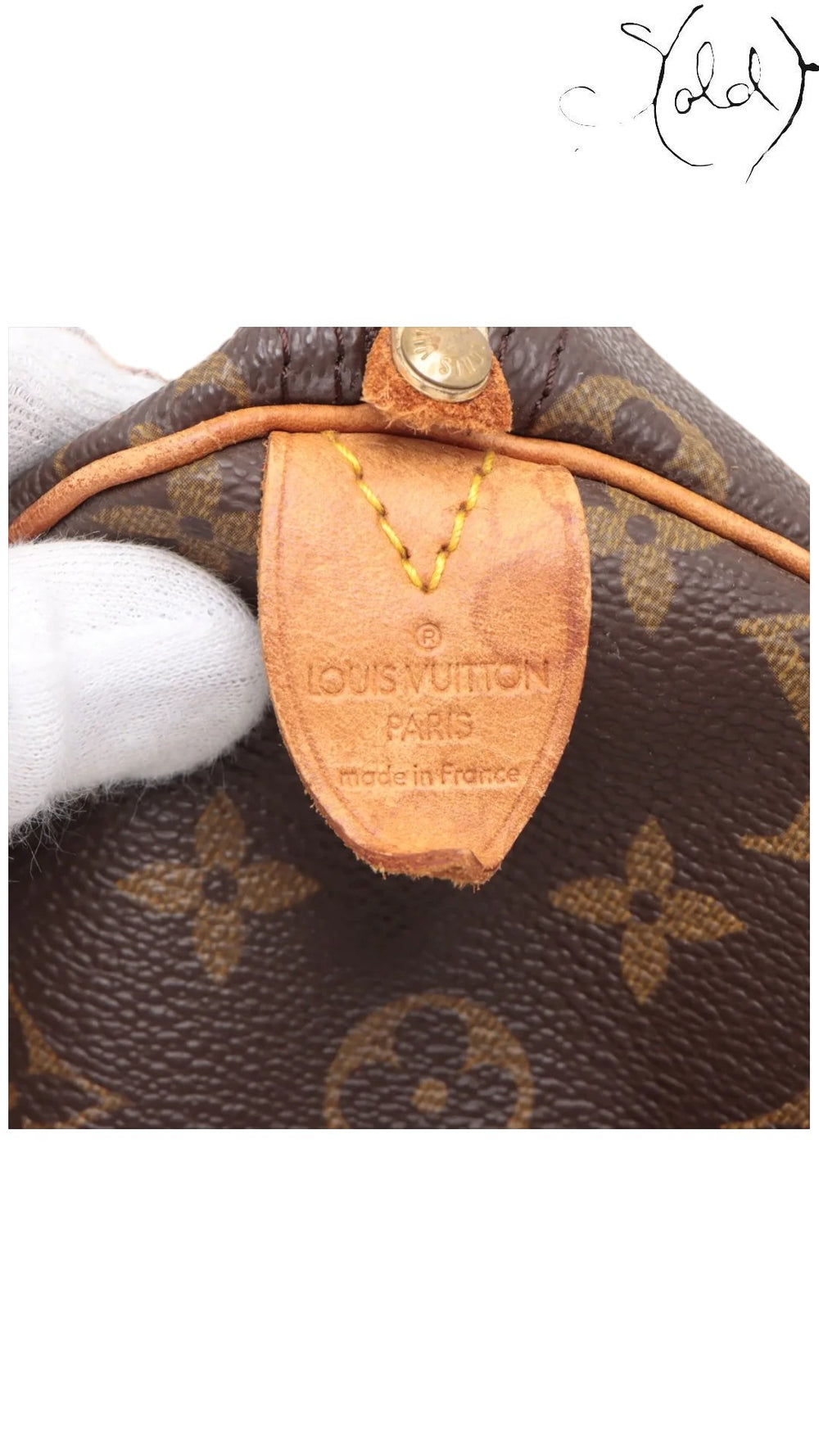 Sold Attire Louis Vuitton Speedy 30 interior leather heat stamp tab with Made in France branding on Monogram canvas