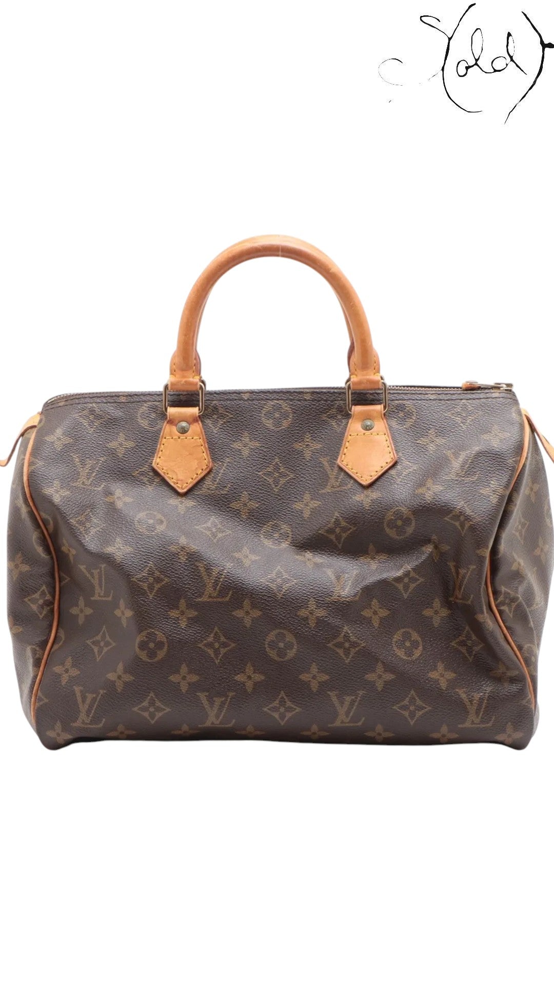 Sold Attire vintage Louis Vuitton Speedy 30 in brown Monogram coated canvas with honey patina vachetta leather handles.