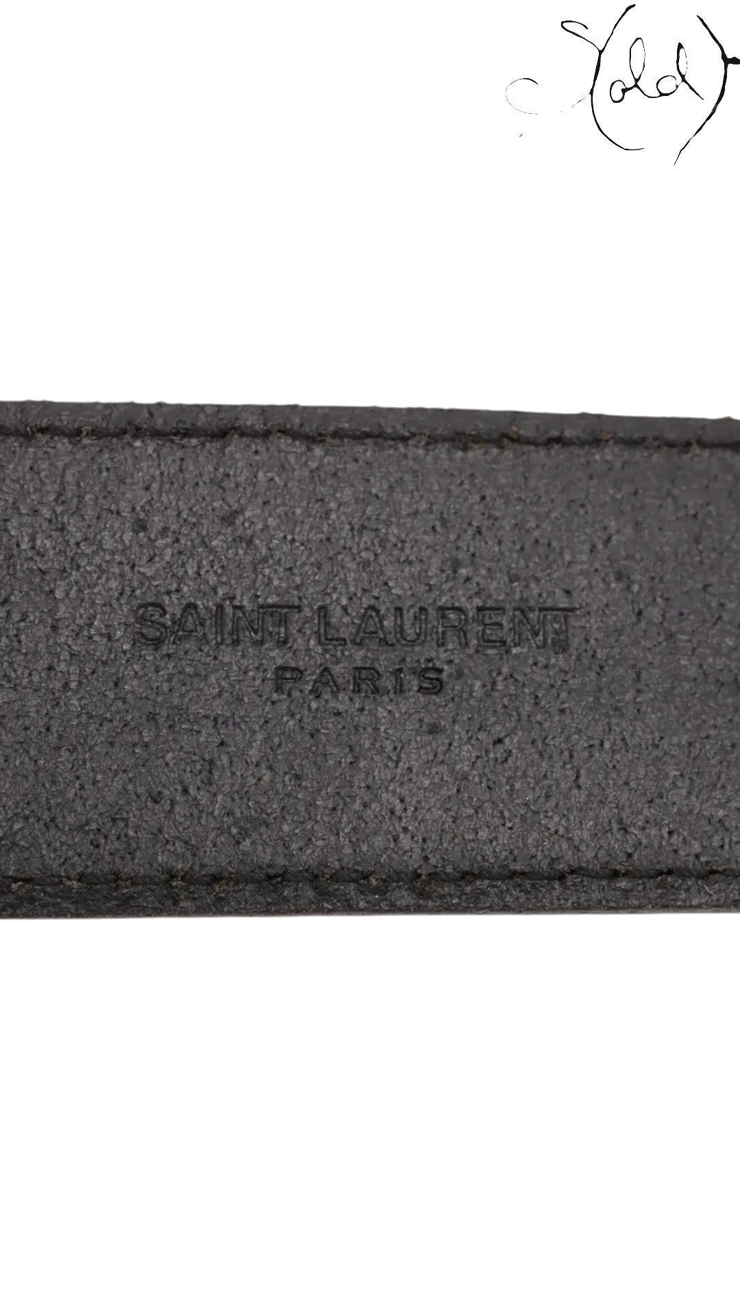 Sold Attire black leather Saint Laurent belt with embossed Paris logo. Size 85.
