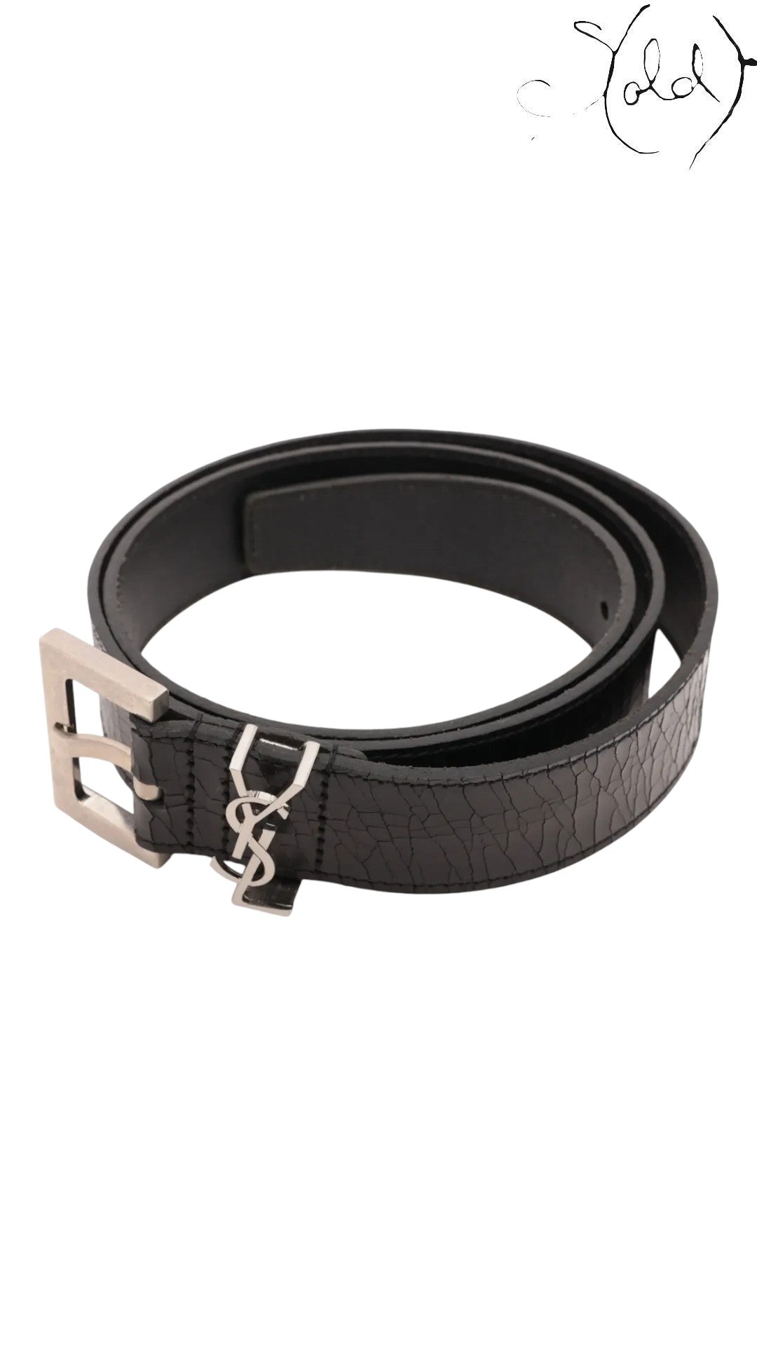 Sold Attire black leather Saint Laurent Cassandre belt with silver-tone square buckle and YSL logo loop, size 85.