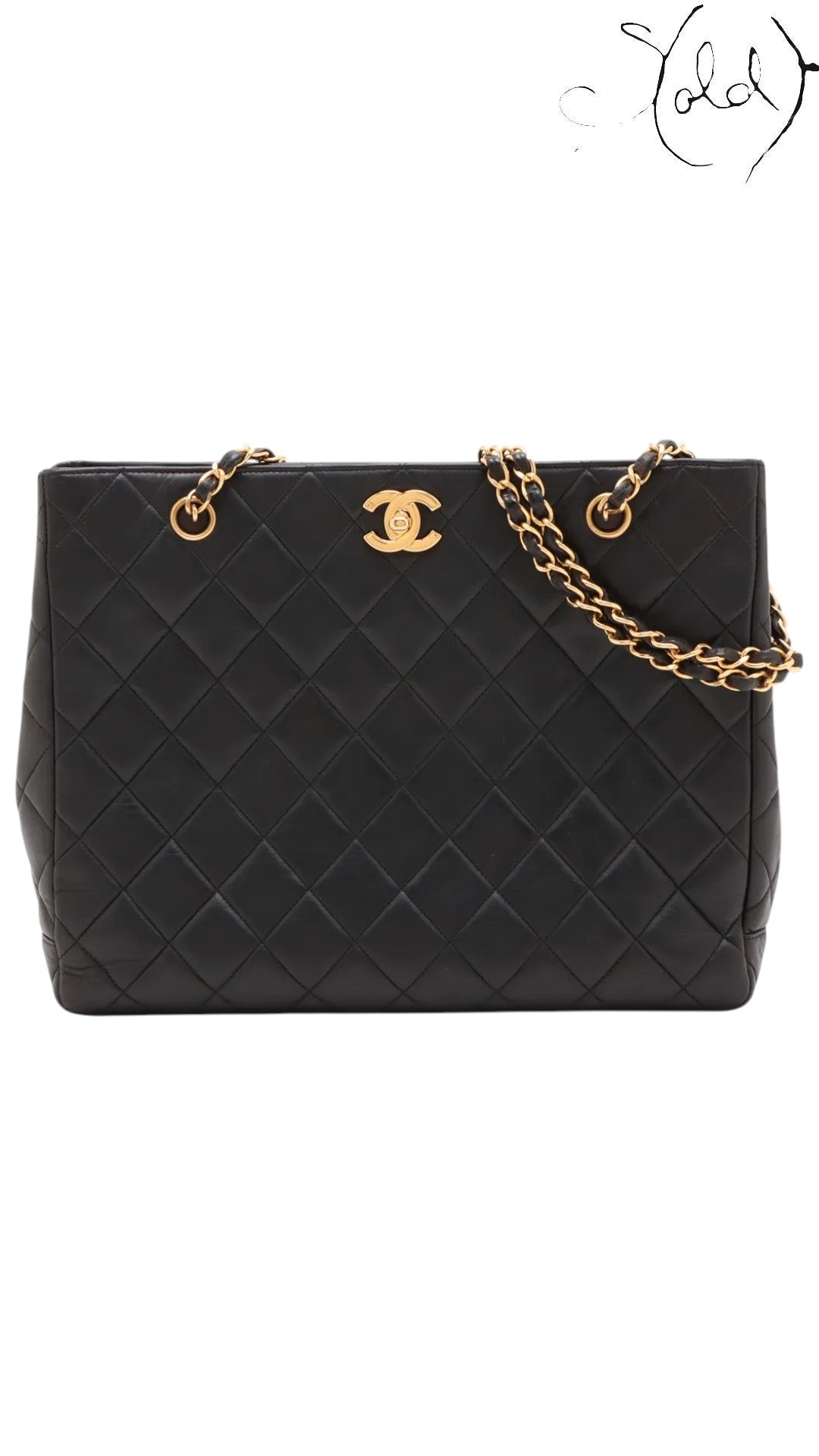 Sold Attire black quilted lambskin Chanel CC Turn-Lock Chain Tote with gold hardware and chain straps.