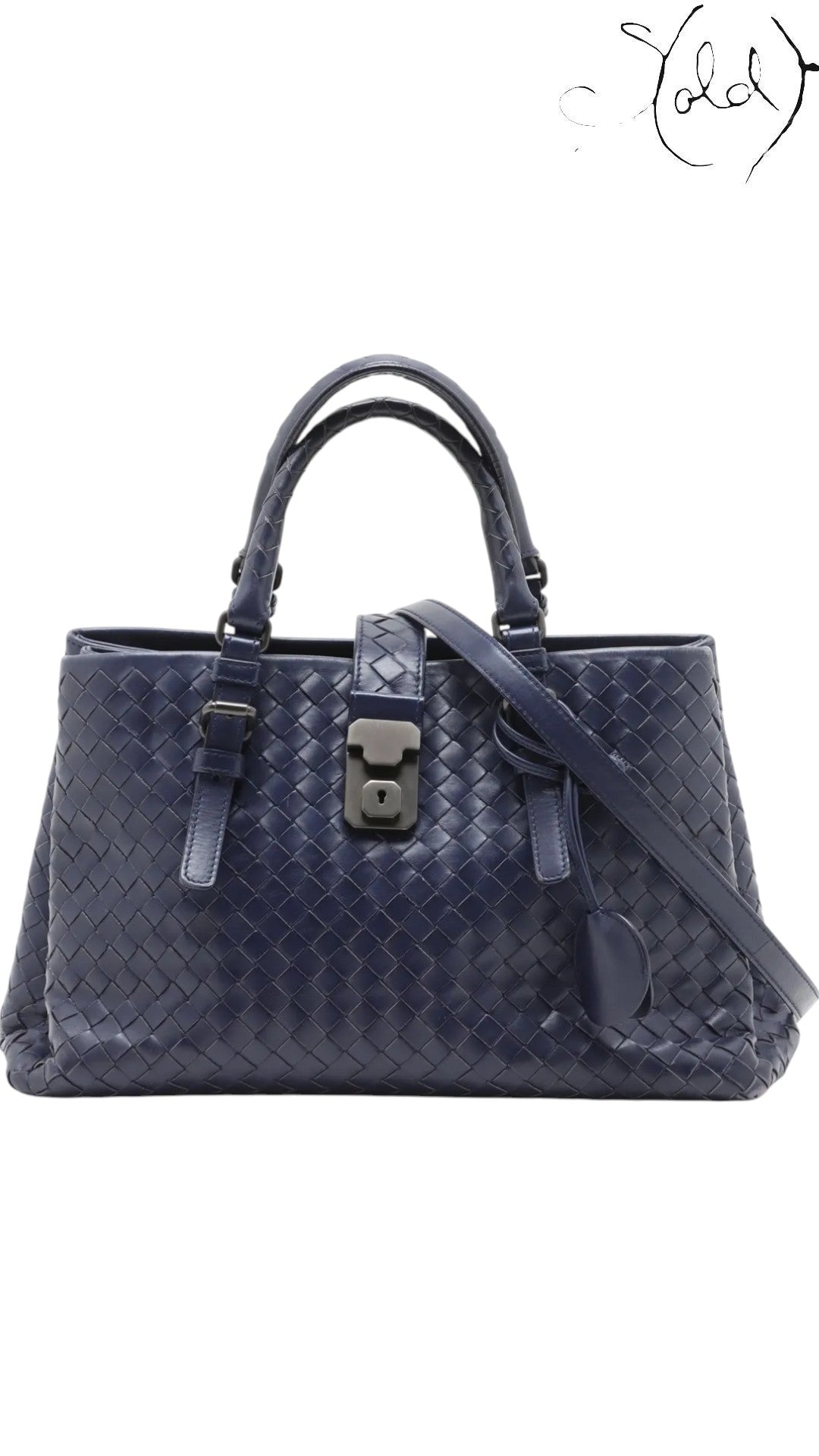 Sold Attire navy blue calfskin Bottega Veneta Roma small 2-way bag with signature Intrecciato weave and a central clasp.