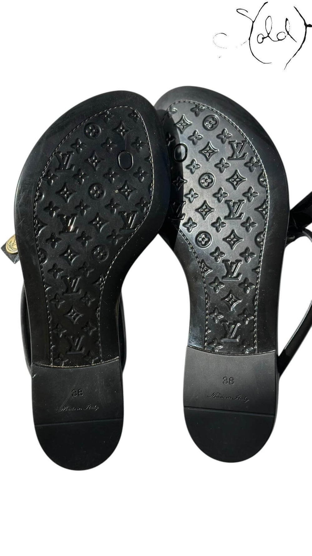The Louis Vuitton Jelly Sea Star Thong Flats – Gloss Noir, Back view | Sold Attire