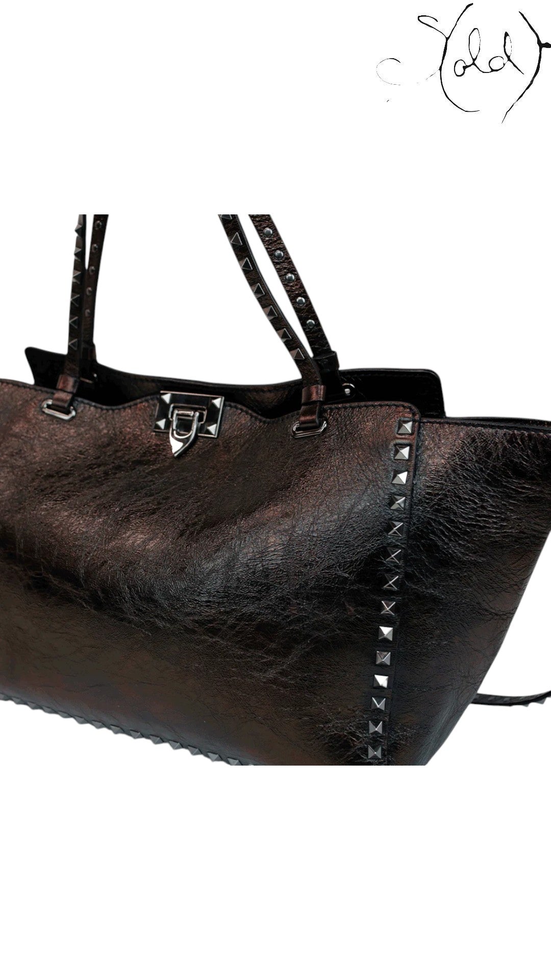 Valentino Rockstud Noir Crinkled Leather Tote 2016, Detail view | Sold Attire