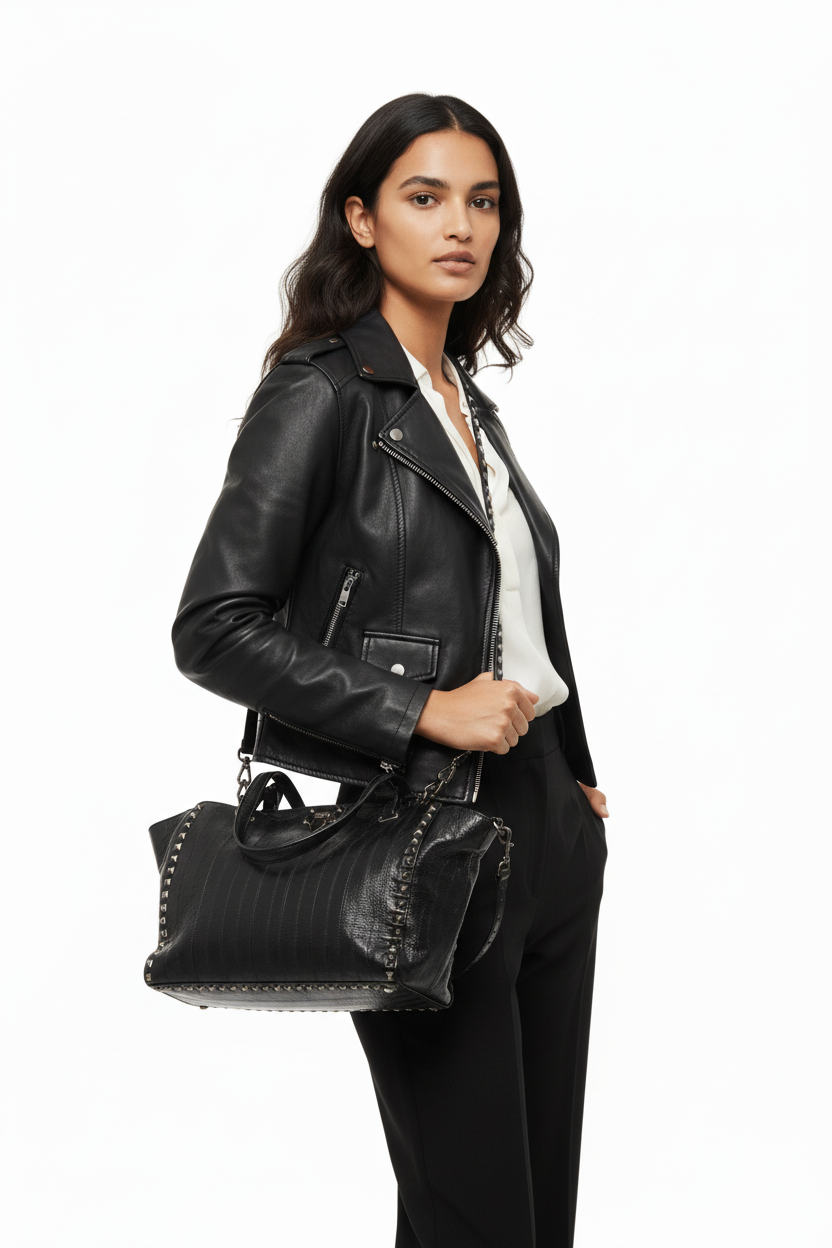 Valentino Rockstud Noir Crinkled Leather Tote 2016, Side view | Sold Attire