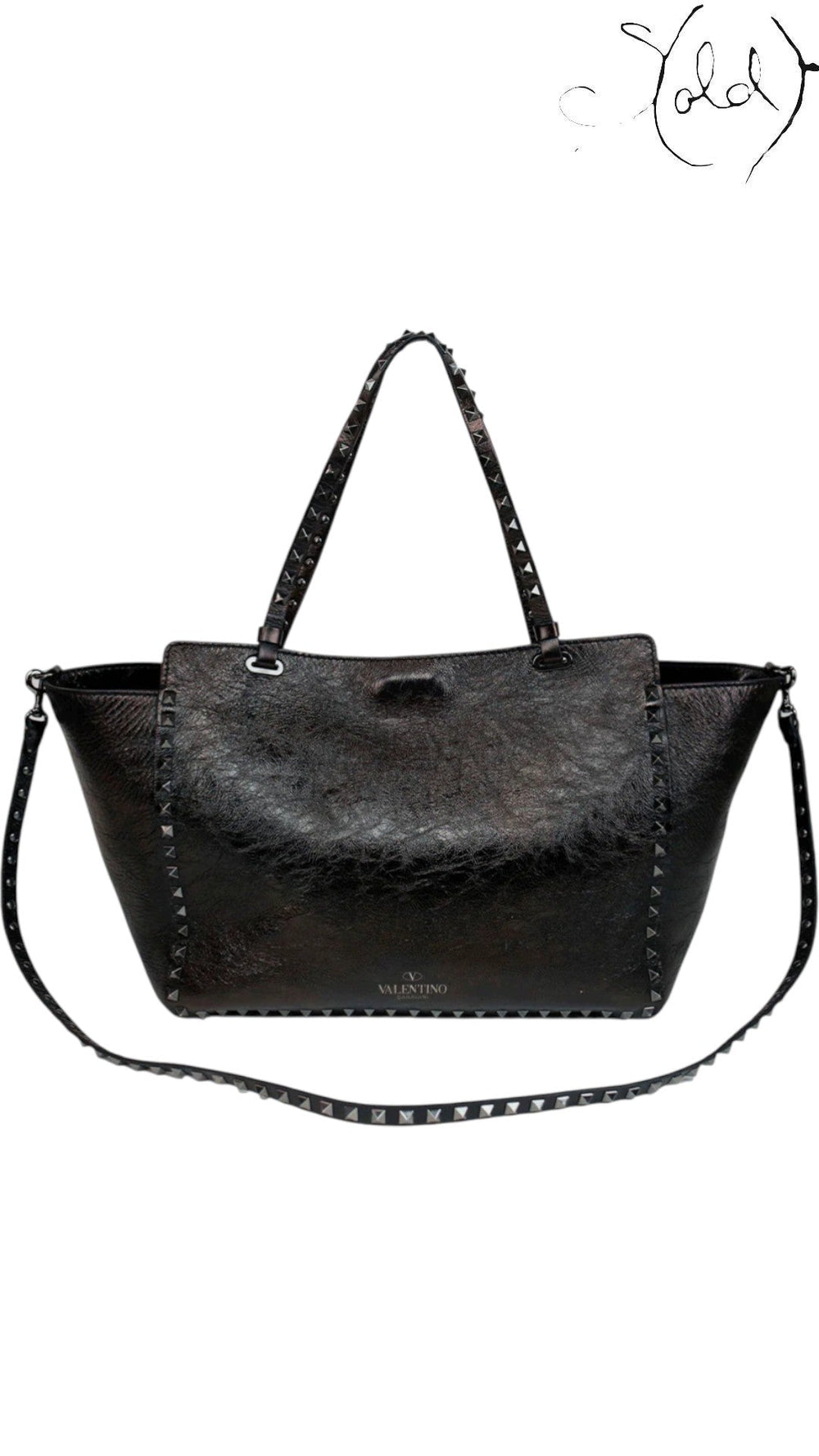 Valentino Rockstud Noir Crinkled Leather Tote 2016, Back view | Sold Attire