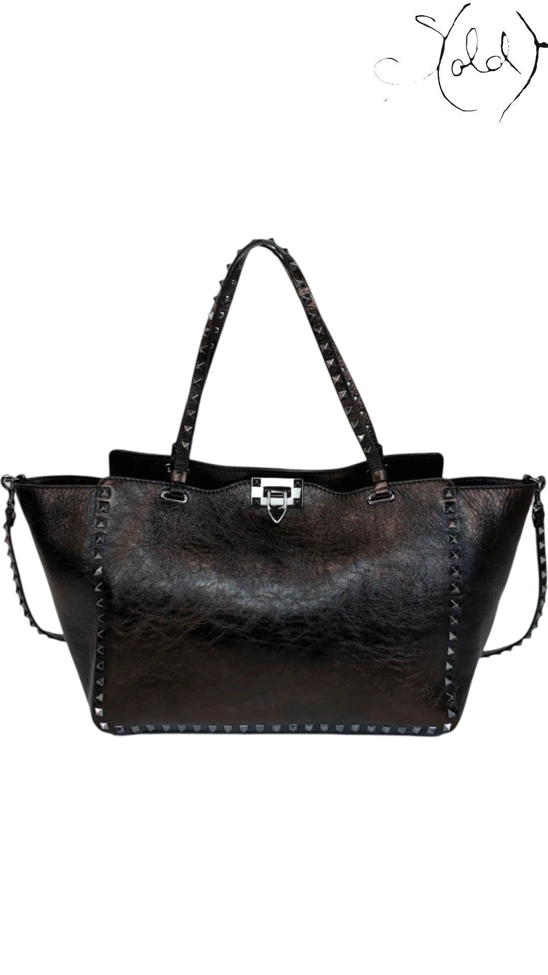 Valentino Rockstud Noir Crinkled Leather Tote 2016, Lining detail | Sold Attire