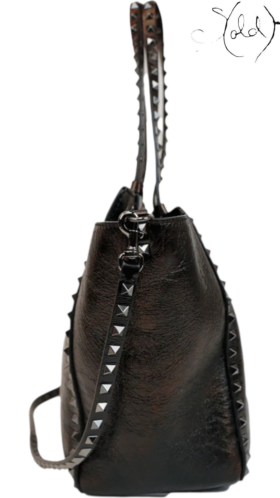Valentino Rockstud Noir Crinkled Leather Tote 2016, Interior view | Sold Attire