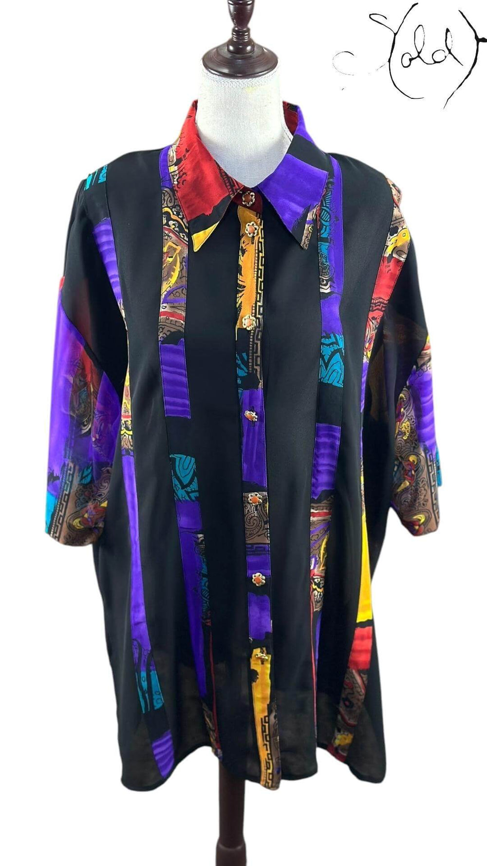 Vintage Graphic Silk Shirt – Festival Noir, Hardware detail | Sold Attire