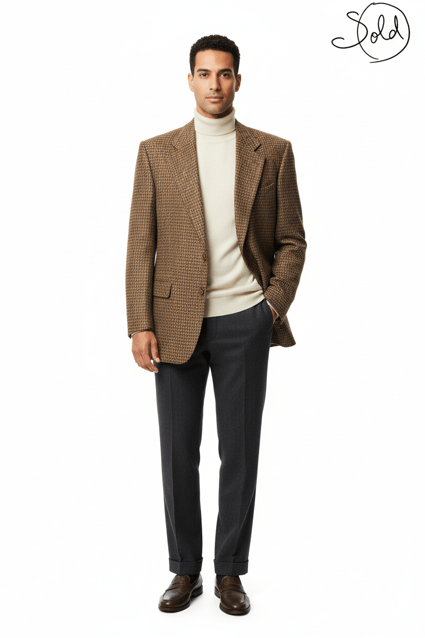 Yves Saint Laurent Wool Houndstooth Blazer Brown 1980s Size 50, Base view | Sold Attire